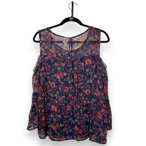 Dressbarn | Boho Floral Print Navy Blue Petite Women's Cold Shoulder Boho Top XL